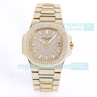 Fully Iced Out Patek Philippe Replica Nautilus Diamond Watch Full Gold Diamond